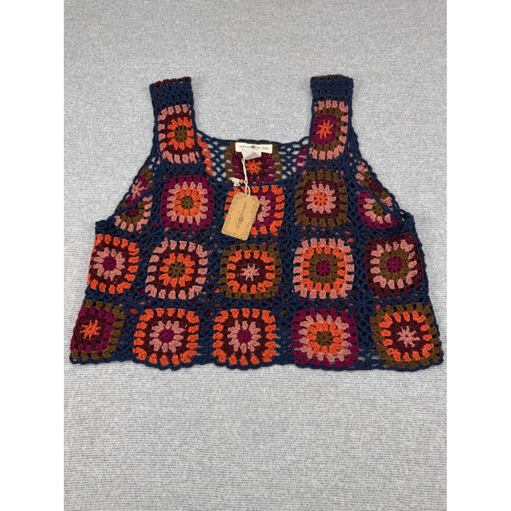Natural Life Crochet Granny Square Tank Top Multicolor Boho Crop L/XL TOP963 NEW - Picture 11 of 11
